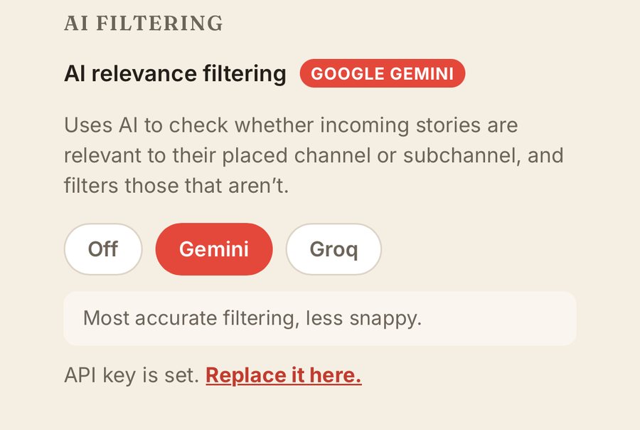 Settings screen with AI relevance filtering toggle set to Gemini