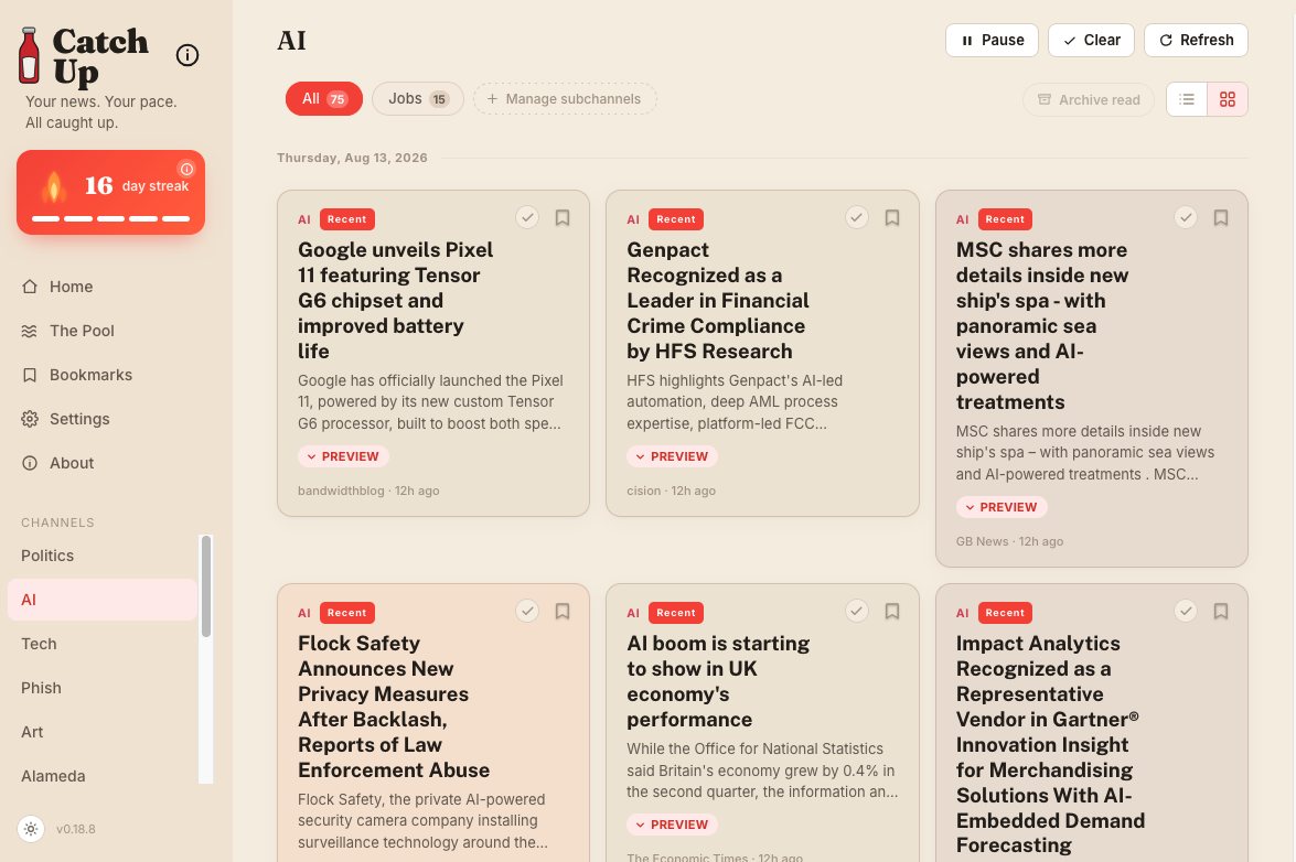 Catch Up AI channel with a Jobs subchannel, showing a grid of related news cards
