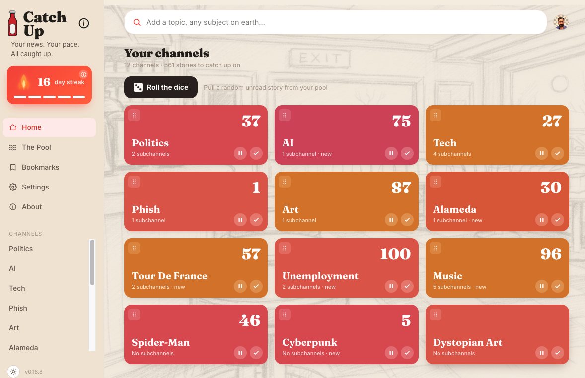 Catch Up home screen showing channels for Politics, AI, Tech, Phish, and more, each with an unread count