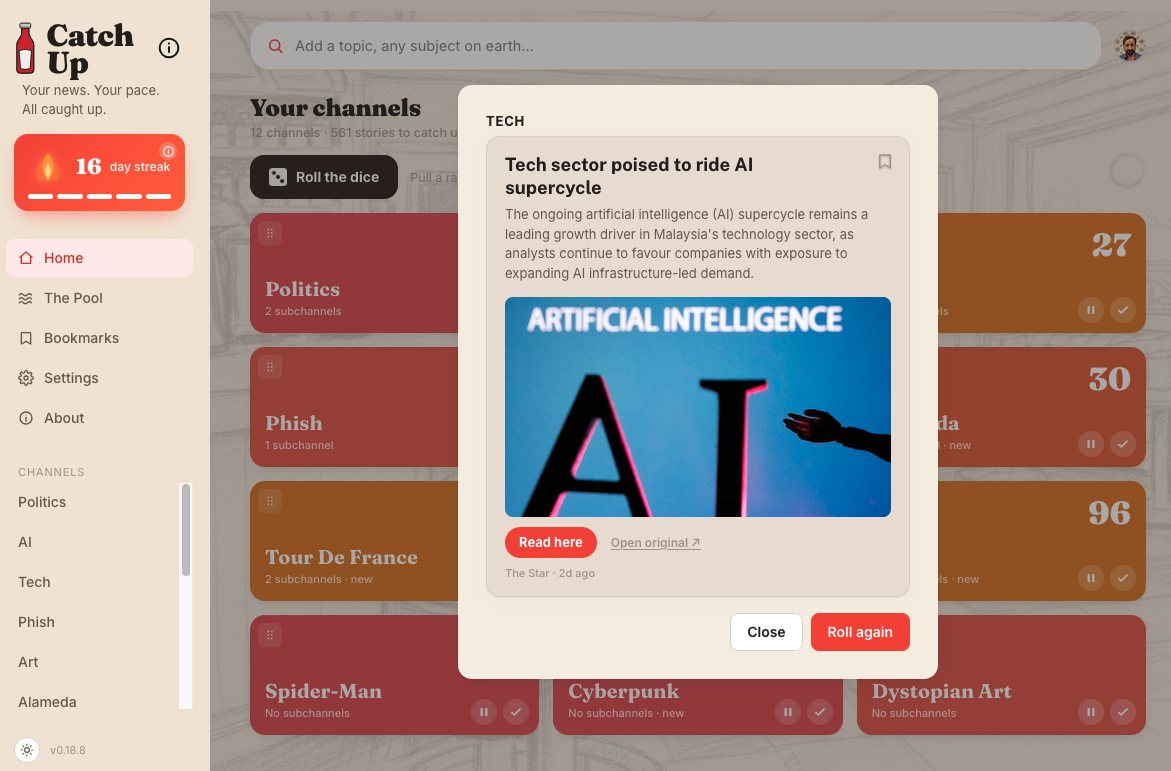A story card expanded in Catch Up with a headline, image, and Read here button