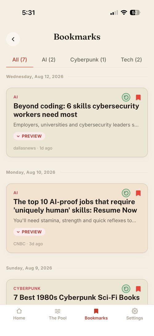 Catch Up bookmarks screen on mobile