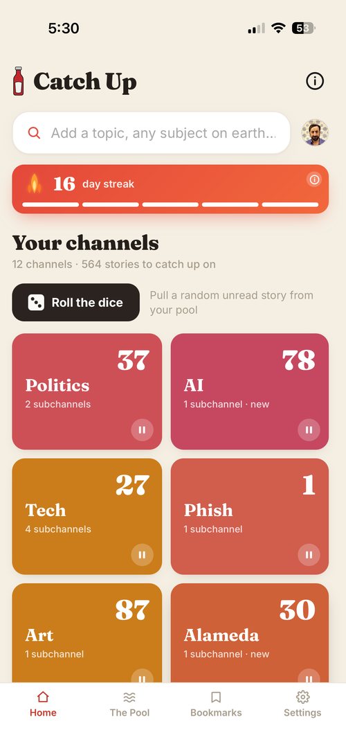 Catch Up home screen on mobile