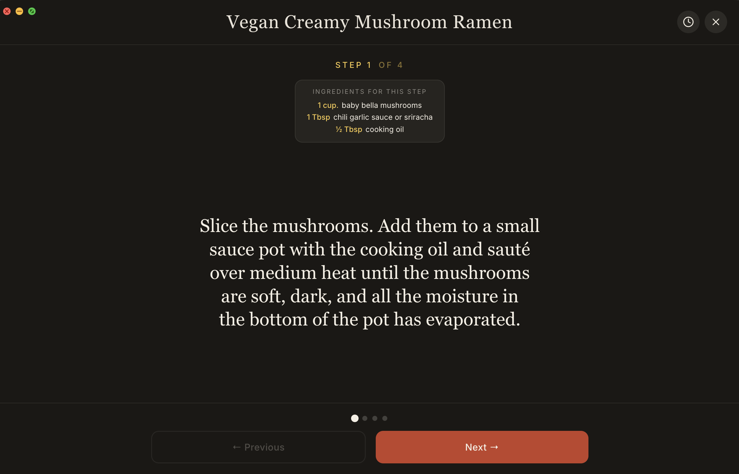 Fridge cook mode showing a single recipe step