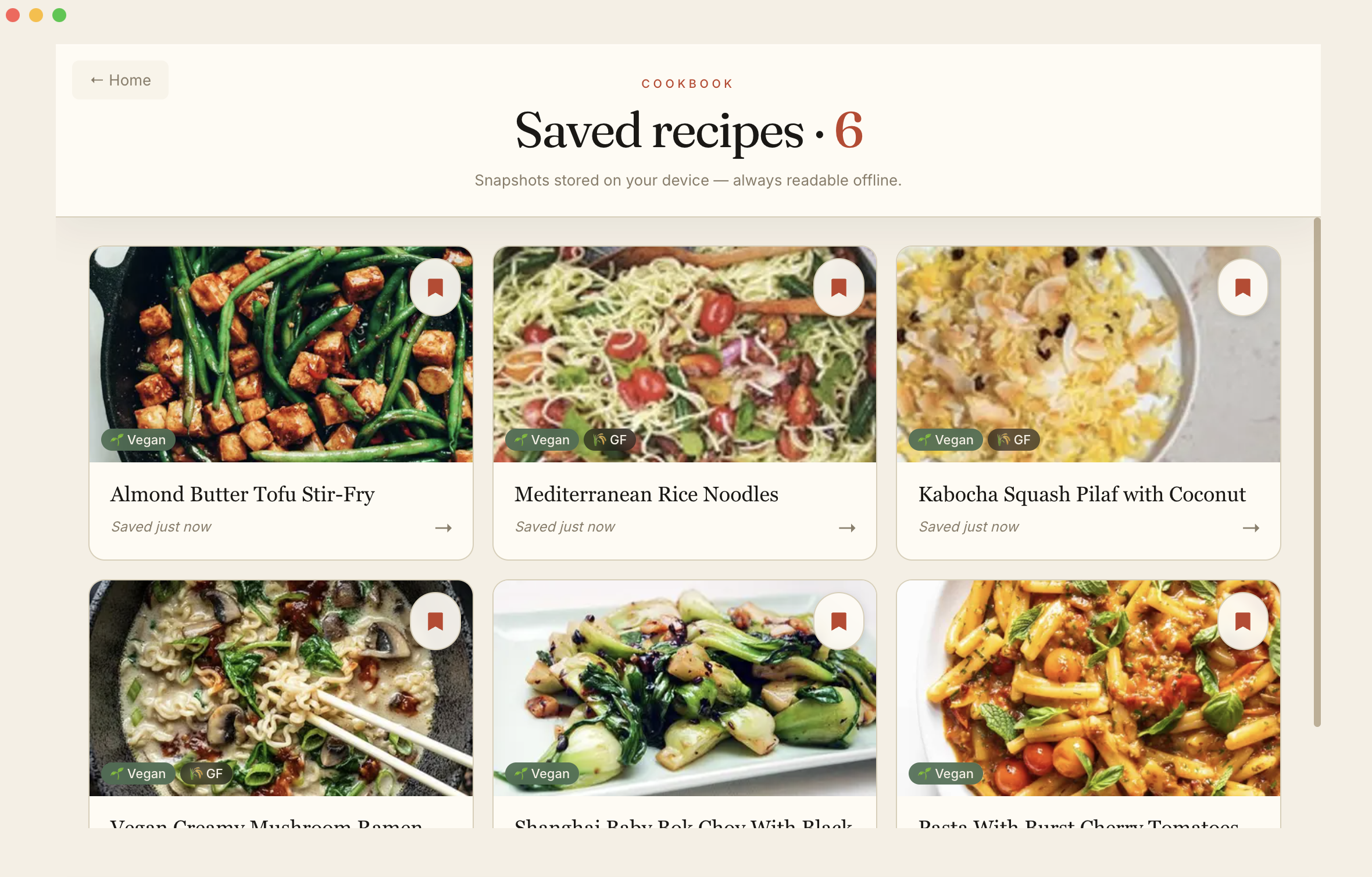 Saved recipes grid