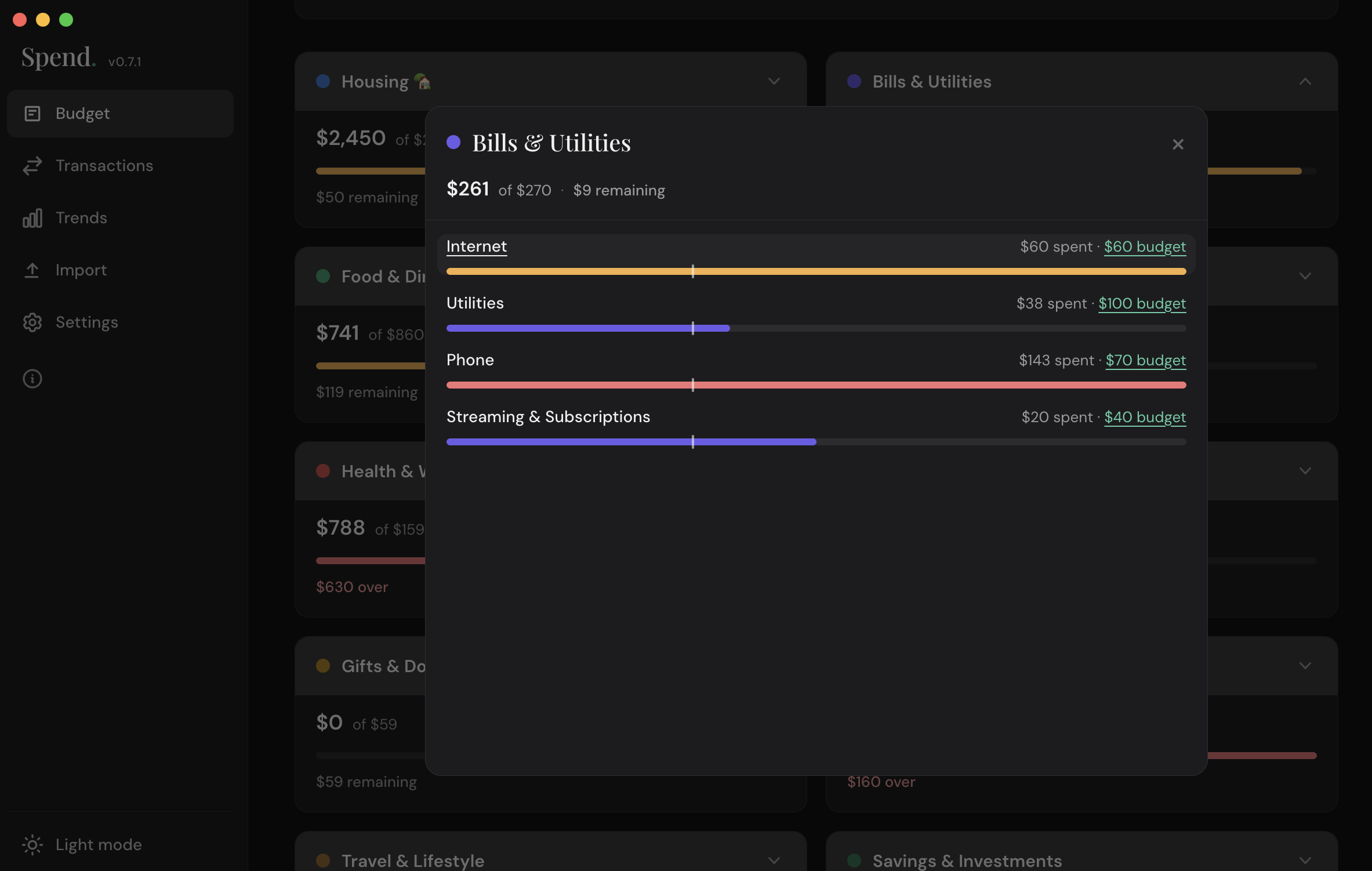 Budget category detail overlay