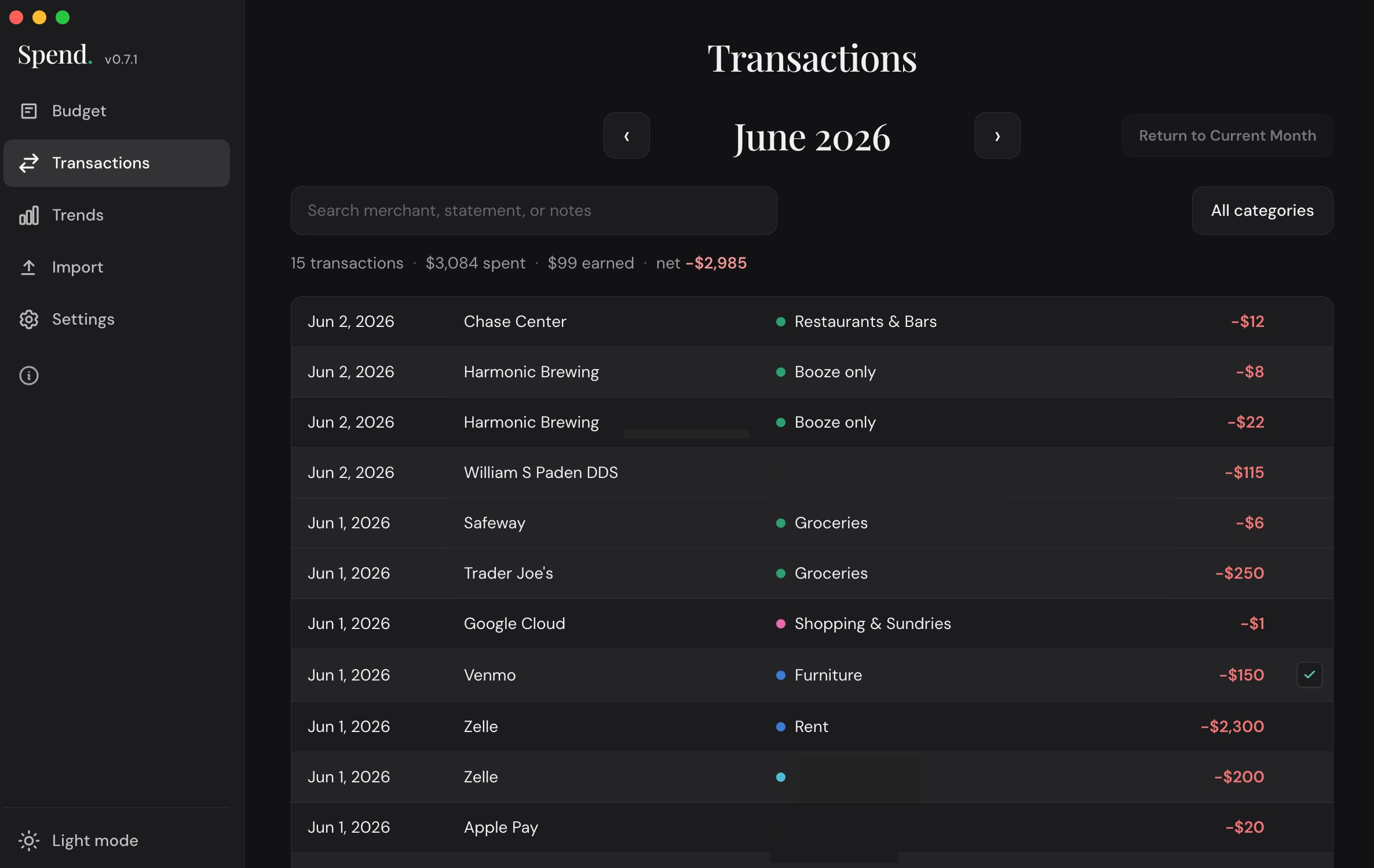 Transactions list with search and filters