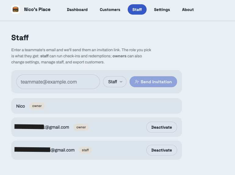 TallyUp staff page with an email invite form and a list of team members and their roles