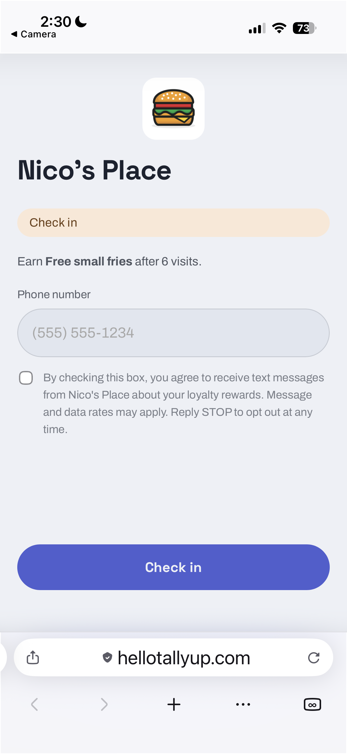 Customer check-in screen asking for a phone number