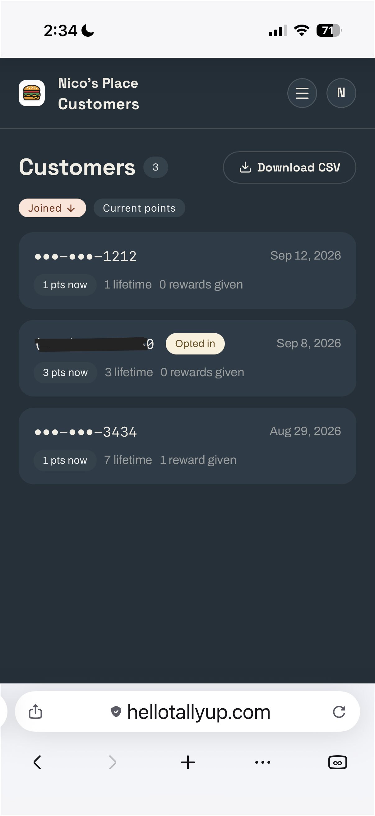 TallyUp customer list in dark mode