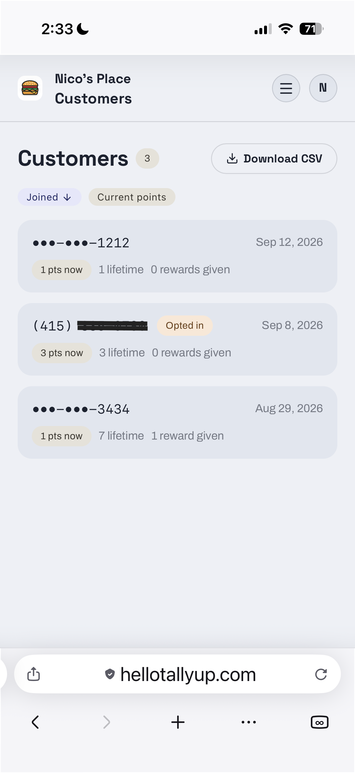 TallyUp customer list in light mode