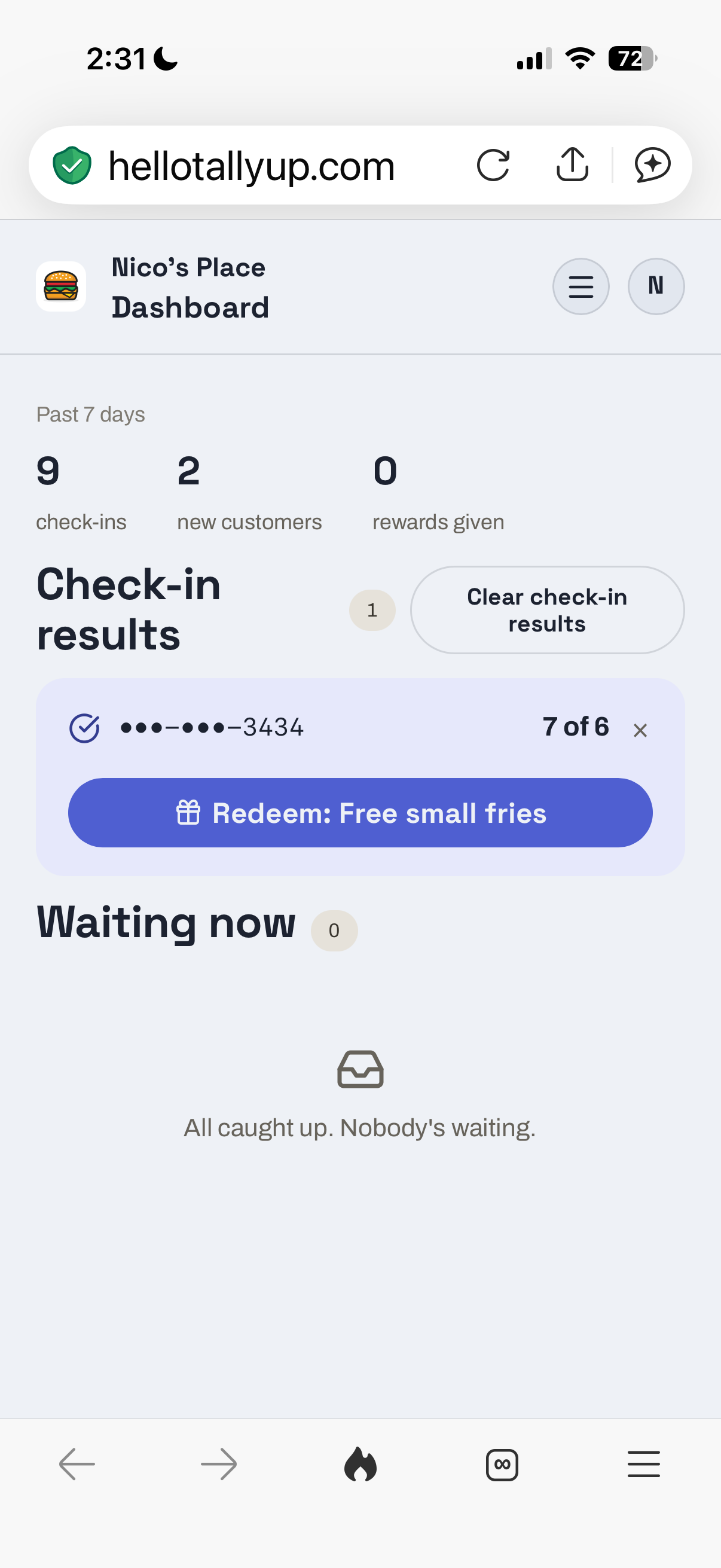 Dashboard showing a redeem free small fries button once a customer hits their goal